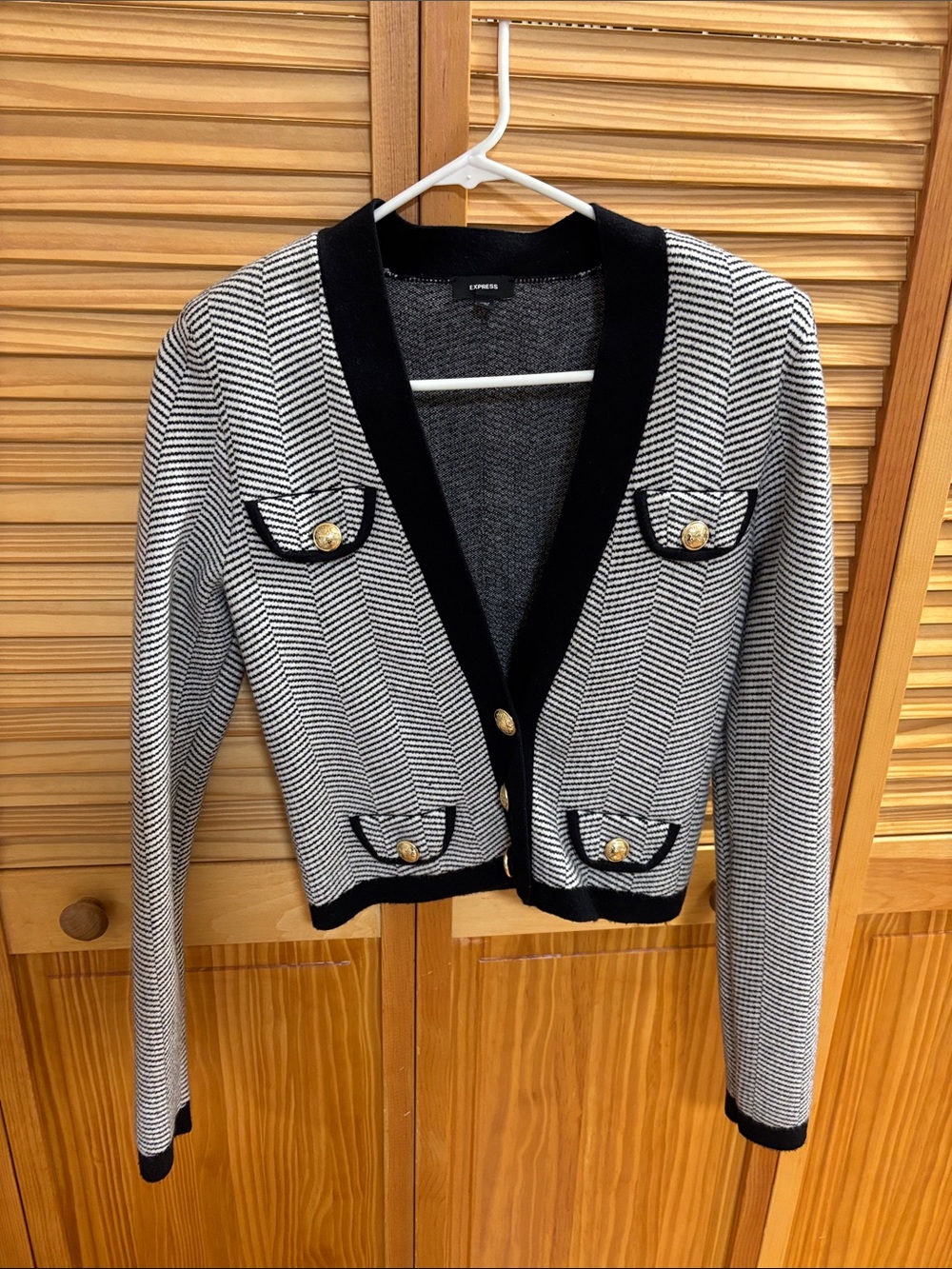 Express Black & White Herringbone Cardigan with Gold Buttons